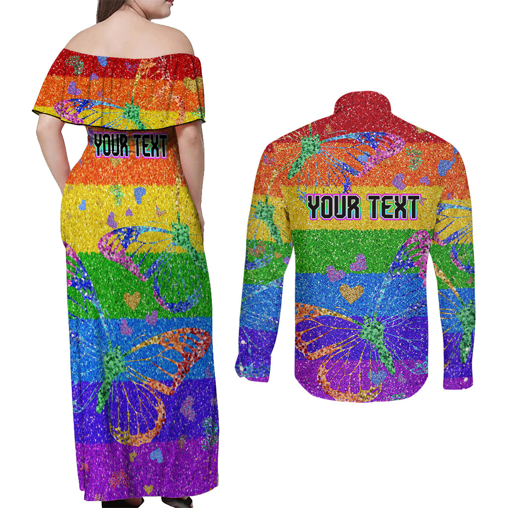 Sydney Mardi Gras Couples Matching Off Shoulder Maxi Dress and Long Sleeve Button Shirt Pride Rainbow Glitter Colorful Style
