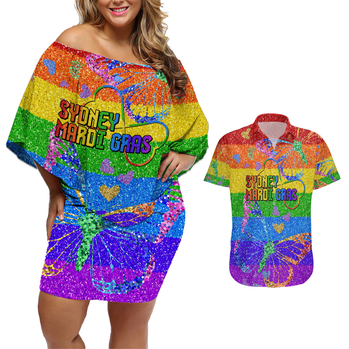 Sydney Mardi Gras Couples Matching Off Shoulder Short Dress and Hawaiian Shirt Pride Rainbow Glitter Colorful Style