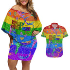 Sydney Mardi Gras Couples Matching Off Shoulder Short Dress and Hawaiian Shirt Pride Rainbow Glitter Colorful Style