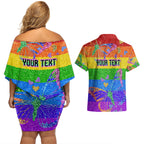 Sydney Mardi Gras Couples Matching Off Shoulder Short Dress and Hawaiian Shirt Pride Rainbow Glitter Colorful Style