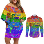 Sydney Mardi Gras Couples Matching Off Shoulder Short Dress and Long Sleeve Button Shirt Pride Rainbow Glitter Colorful Style