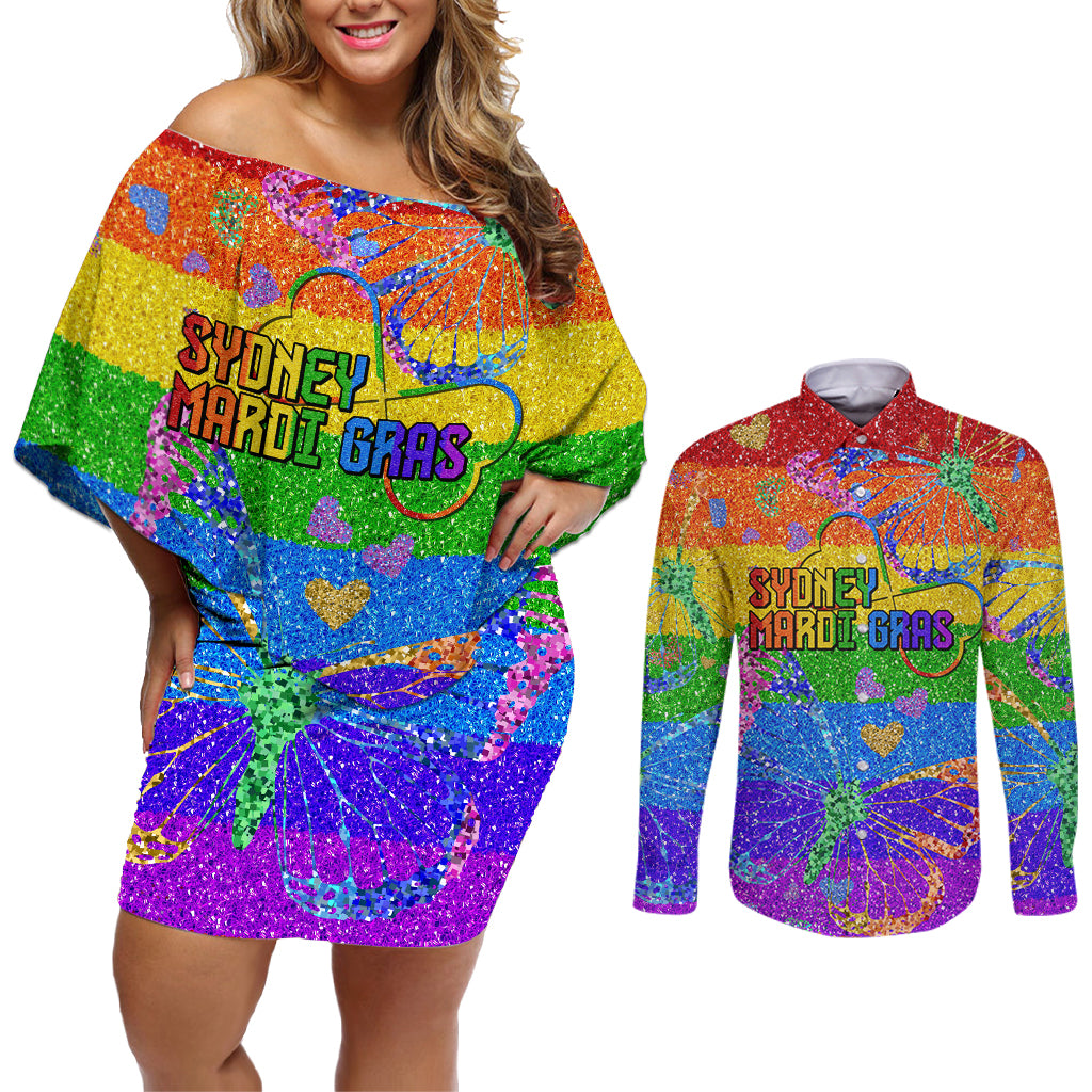 Sydney Mardi Gras Couples Matching Off Shoulder Short Dress and Long Sleeve Button Shirt Pride Rainbow Glitter Colorful Style