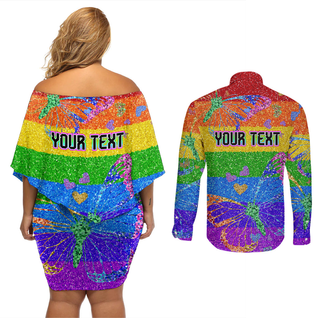 Sydney Mardi Gras Couples Matching Off Shoulder Short Dress and Long Sleeve Button Shirt Pride Rainbow Glitter Colorful Style