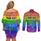Sydney Mardi Gras Couples Matching Off Shoulder Short Dress and Long Sleeve Button Shirt Pride Rainbow Glitter Colorful Style