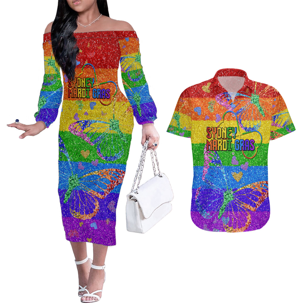 Sydney Mardi Gras Couples Matching Off The Shoulder Long Sleeve Dress and Hawaiian Shirt Pride Rainbow Glitter Colorful Style