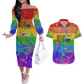 Sydney Mardi Gras Couples Matching Off The Shoulder Long Sleeve Dress and Hawaiian Shirt Pride Rainbow Glitter Colorful Style
