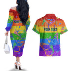 Sydney Mardi Gras Couples Matching Off The Shoulder Long Sleeve Dress and Hawaiian Shirt Pride Rainbow Glitter Colorful Style