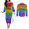 Sydney Mardi Gras Couples Matching Off The Shoulder Long Sleeve Dress and Long Sleeve Button Shirt Pride Rainbow Glitter Colorful Style
