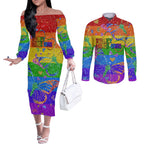 Sydney Mardi Gras Couples Matching Off The Shoulder Long Sleeve Dress and Long Sleeve Button Shirt Pride Rainbow Glitter Colorful Style