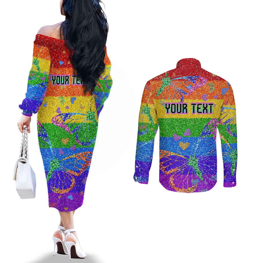 Sydney Mardi Gras Couples Matching Off The Shoulder Long Sleeve Dress and Long Sleeve Button Shirt Pride Rainbow Glitter Colorful Style