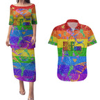 Sydney Mardi Gras Couples Matching Puletasi and Hawaiian Shirt Pride Rainbow Glitter Colorful Style