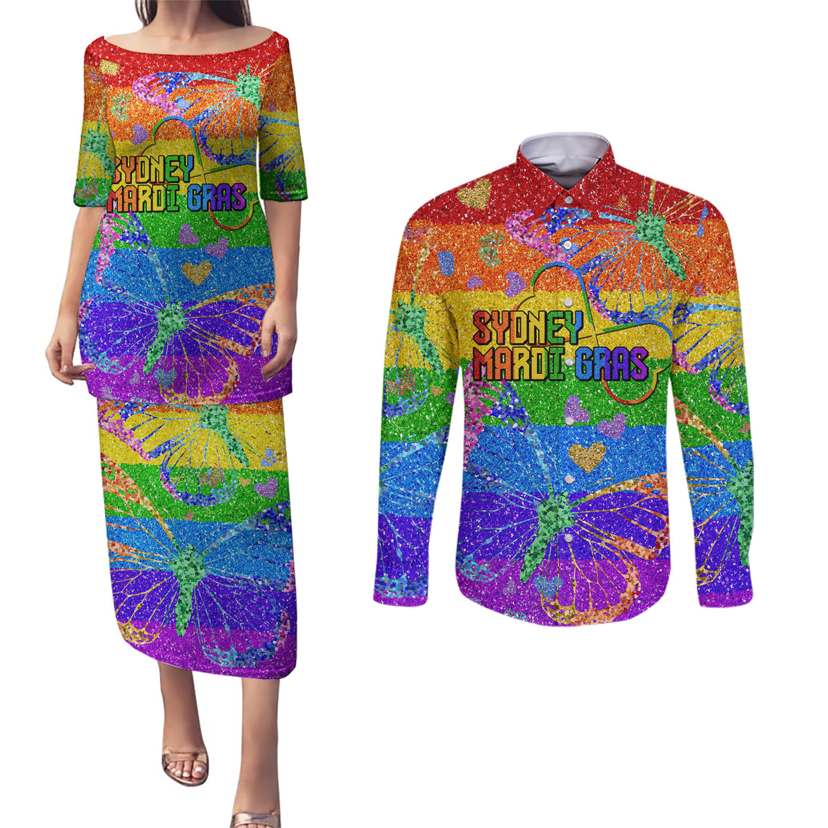 Sydney Mardi Gras Couples Matching Puletasi and Long Sleeve Button Shirt Pride Rainbow Glitter Colorful Style