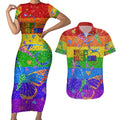 Sydney Mardi Gras Couples Matching Short Sleeve Bodycon Dress and Hawaiian Shirt Pride Rainbow Glitter Colorful Style