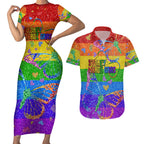 Sydney Mardi Gras Couples Matching Short Sleeve Bodycon Dress and Hawaiian Shirt Pride Rainbow Glitter Colorful Style