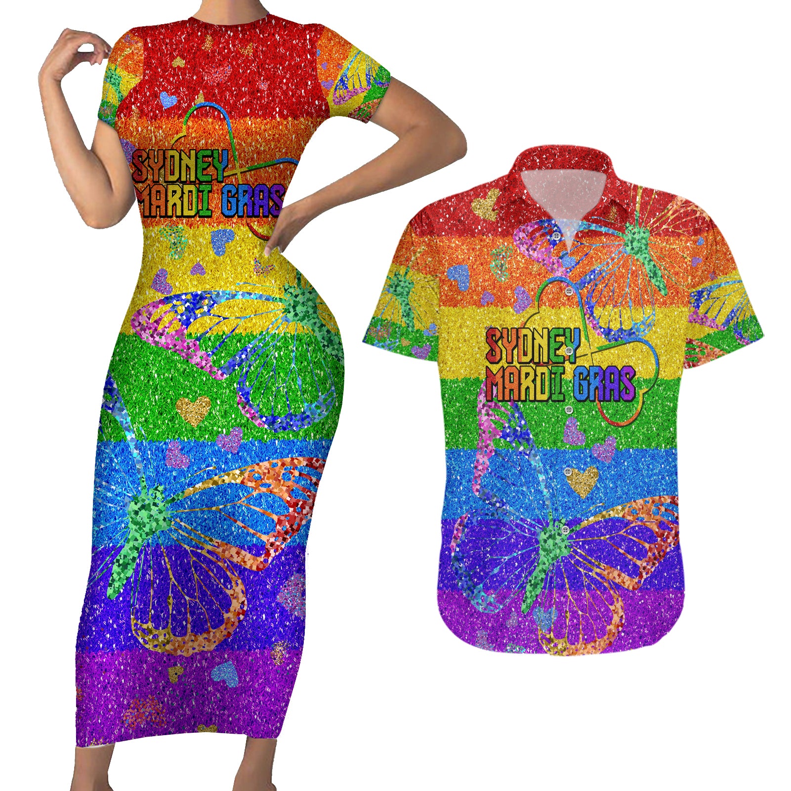 Sydney Mardi Gras Couples Matching Short Sleeve Bodycon Dress and Hawaiian Shirt Pride Rainbow Glitter Colorful Style