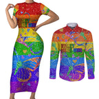Sydney Mardi Gras Couples Matching Short Sleeve Bodycon Dress and Long Sleeve Button Shirt Pride Rainbow Glitter Colorful Style