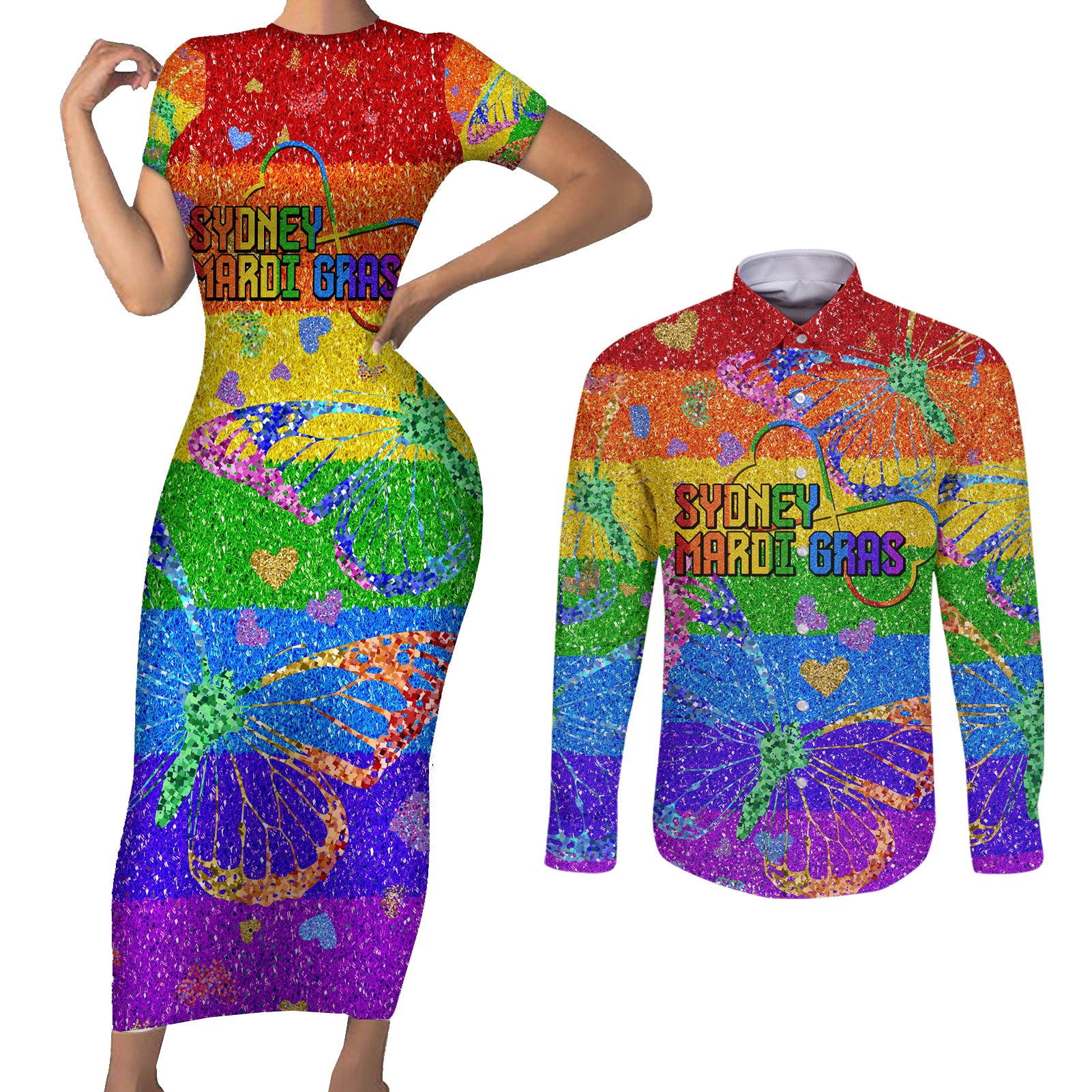 Sydney Mardi Gras Couples Matching Short Sleeve Bodycon Dress and Long Sleeve Button Shirt Pride Rainbow Glitter Colorful Style