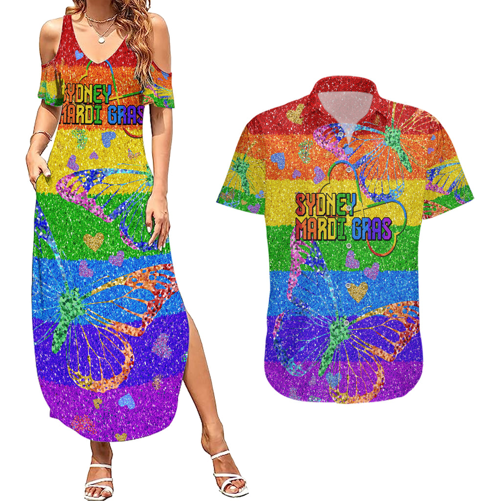 Sydney Mardi Gras Couples Matching Summer Maxi Dress and Hawaiian Shirt Pride Rainbow Glitter Colorful Style