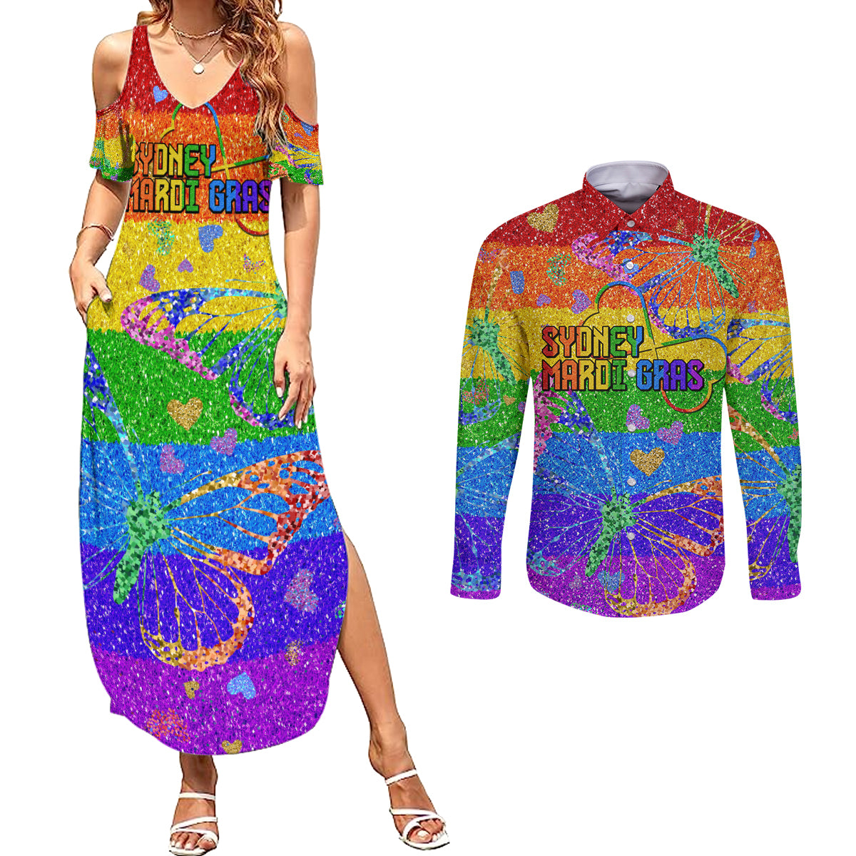 Sydney Mardi Gras Couples Matching Summer Maxi Dress and Long Sleeve Button Shirt Pride Rainbow Glitter Colorful Style