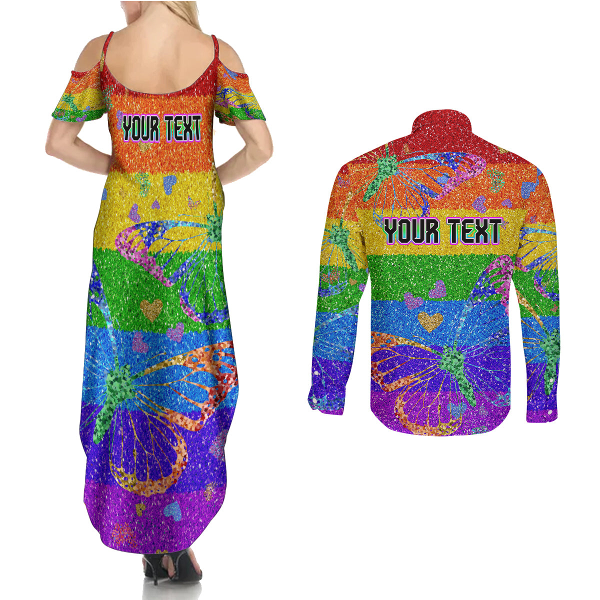 Sydney Mardi Gras Couples Matching Summer Maxi Dress and Long Sleeve Button Shirt Pride Rainbow Glitter Colorful Style