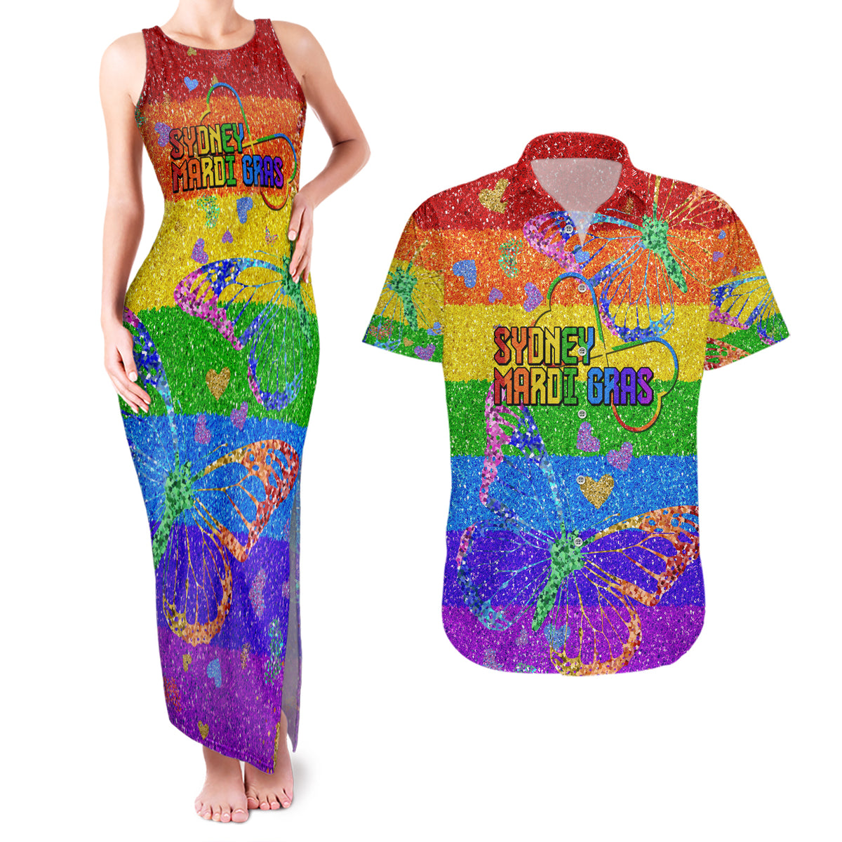Sydney Mardi Gras Couples Matching Tank Maxi Dress and Hawaiian Shirt Pride Rainbow Glitter Colorful Style