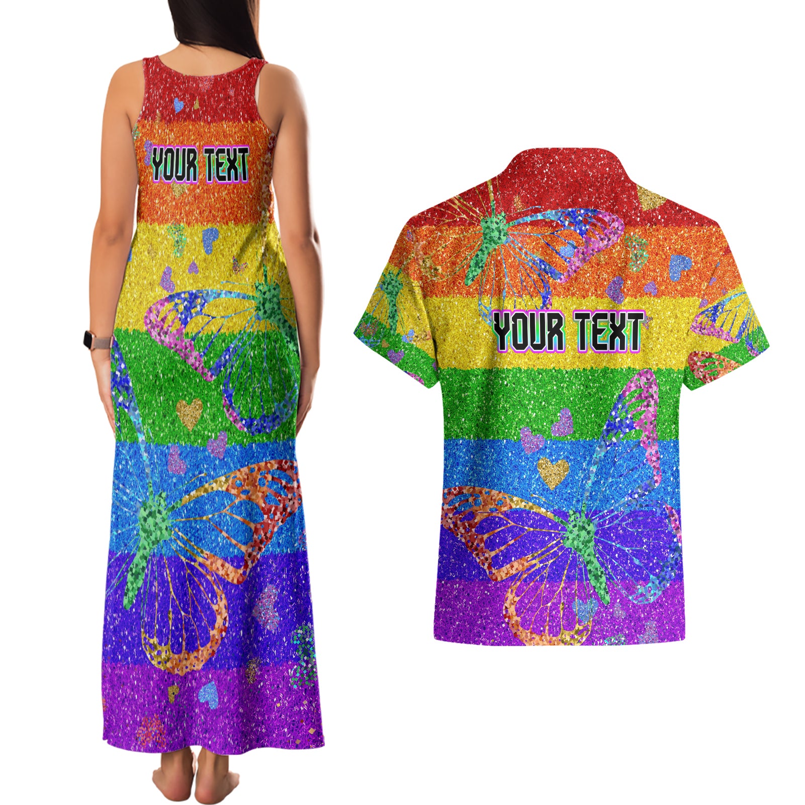 Sydney Mardi Gras Couples Matching Tank Maxi Dress and Hawaiian Shirt Pride Rainbow Glitter Colorful Style