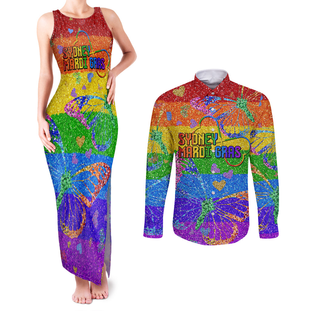 Sydney Mardi Gras Couples Matching Tank Maxi Dress and Long Sleeve Button Shirt Pride Rainbow Glitter Colorful Style