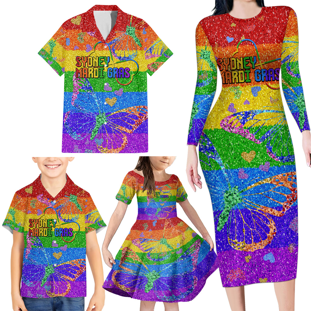 Sydney Mardi Gras Family Matching Long Sleeve Bodycon Dress and Hawaiian Shirt Pride Rainbow Glitter Colorful Style