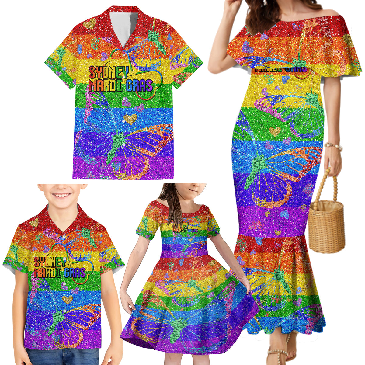Sydney Mardi Gras Family Matching Mermaid Dress and Hawaiian Shirt Pride Rainbow Glitter Colorful Style