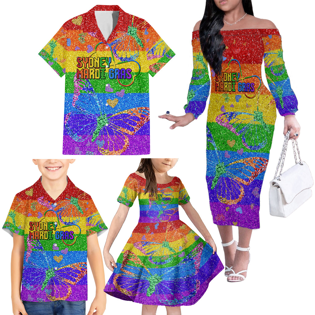 Sydney Mardi Gras Family Matching Off Shoulder Long Sleeve Dress and Hawaiian Shirt Pride Rainbow Glitter Colorful Style