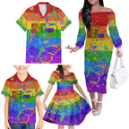 Sydney Mardi Gras Family Matching Off Shoulder Long Sleeve Dress and Hawaiian Shirt Pride Rainbow Glitter Colorful Style