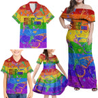 Sydney Mardi Gras Family Matching Off Shoulder Maxi Dress and Hawaiian Shirt Pride Rainbow Glitter Colorful Style