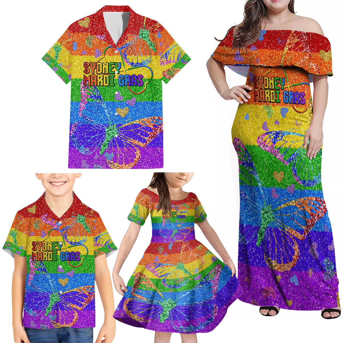 Sydney Mardi Gras Family Matching Off Shoulder Maxi Dress and Hawaiian Shirt Pride Rainbow Glitter Colorful Style