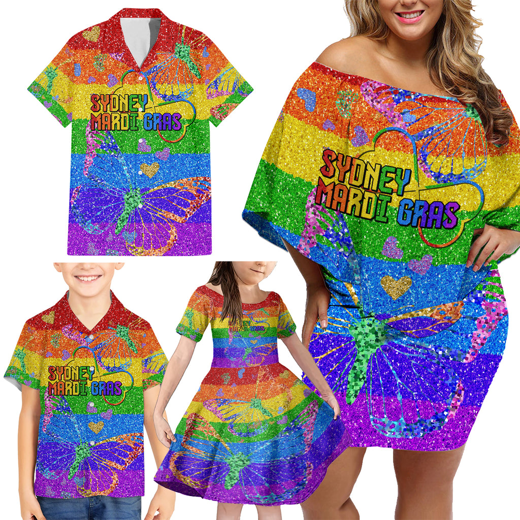 Sydney Mardi Gras Family Matching Off Shoulder Short Dress and Hawaiian Shirt Pride Rainbow Glitter Colorful Style