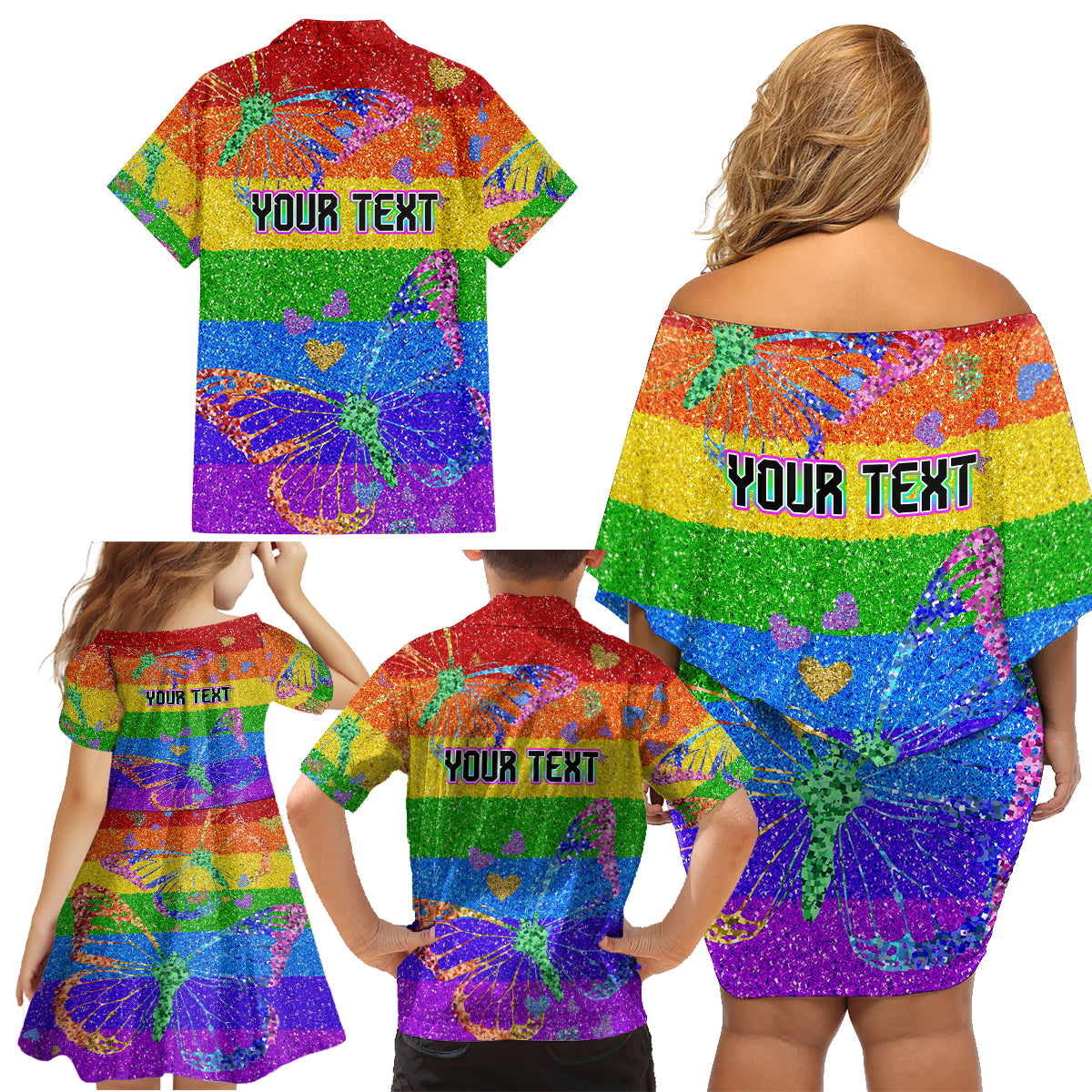 Sydney Mardi Gras Family Matching Off Shoulder Short Dress and Hawaiian Shirt Pride Rainbow Glitter Colorful Style