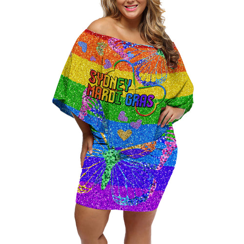 Sydney Mardi Gras Family Matching Off Shoulder Short Dress and Hawaiian Shirt Pride Rainbow Glitter Colorful Style