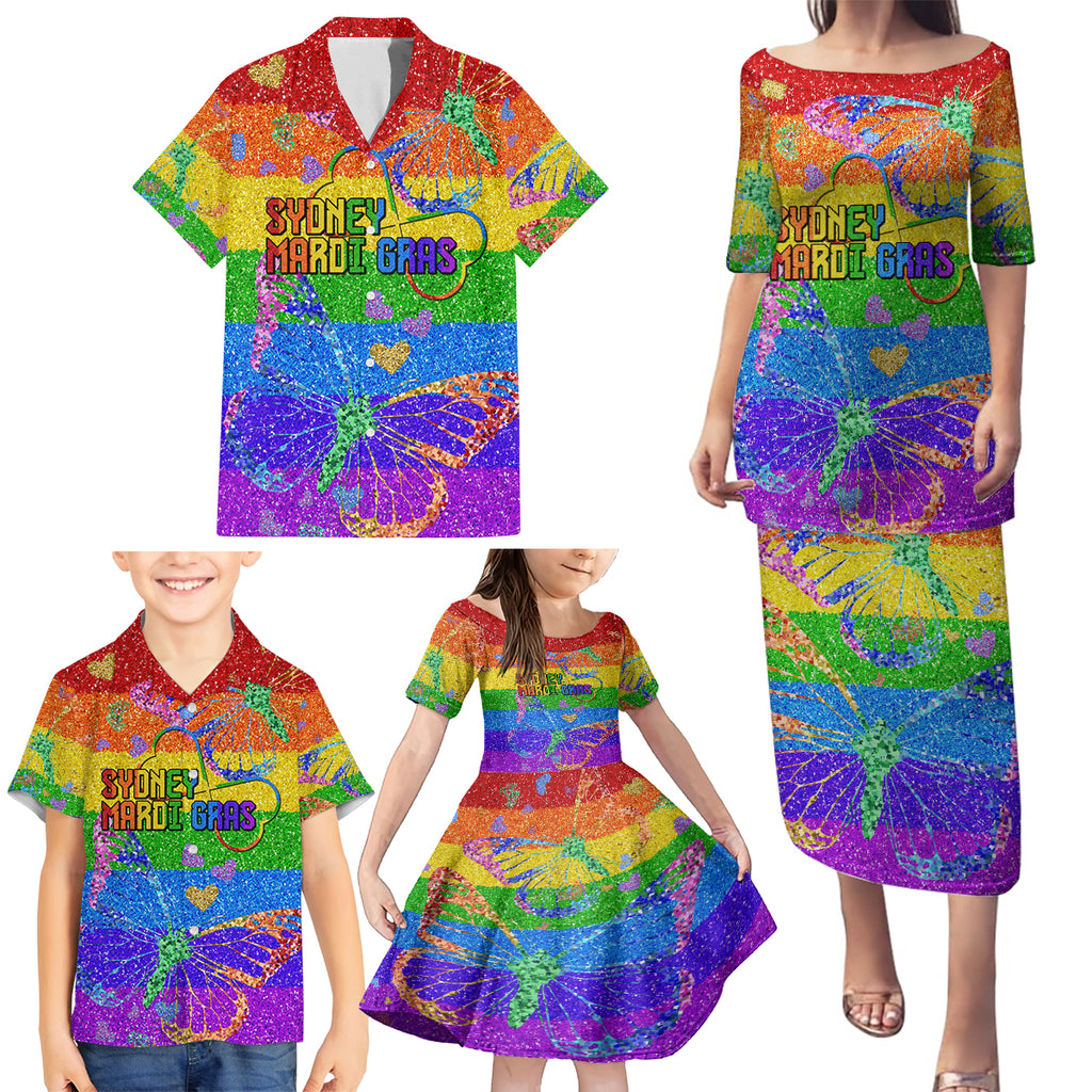 Sydney Mardi Gras Family Matching Puletasi and Hawaiian Shirt Pride Rainbow Glitter Colorful Style