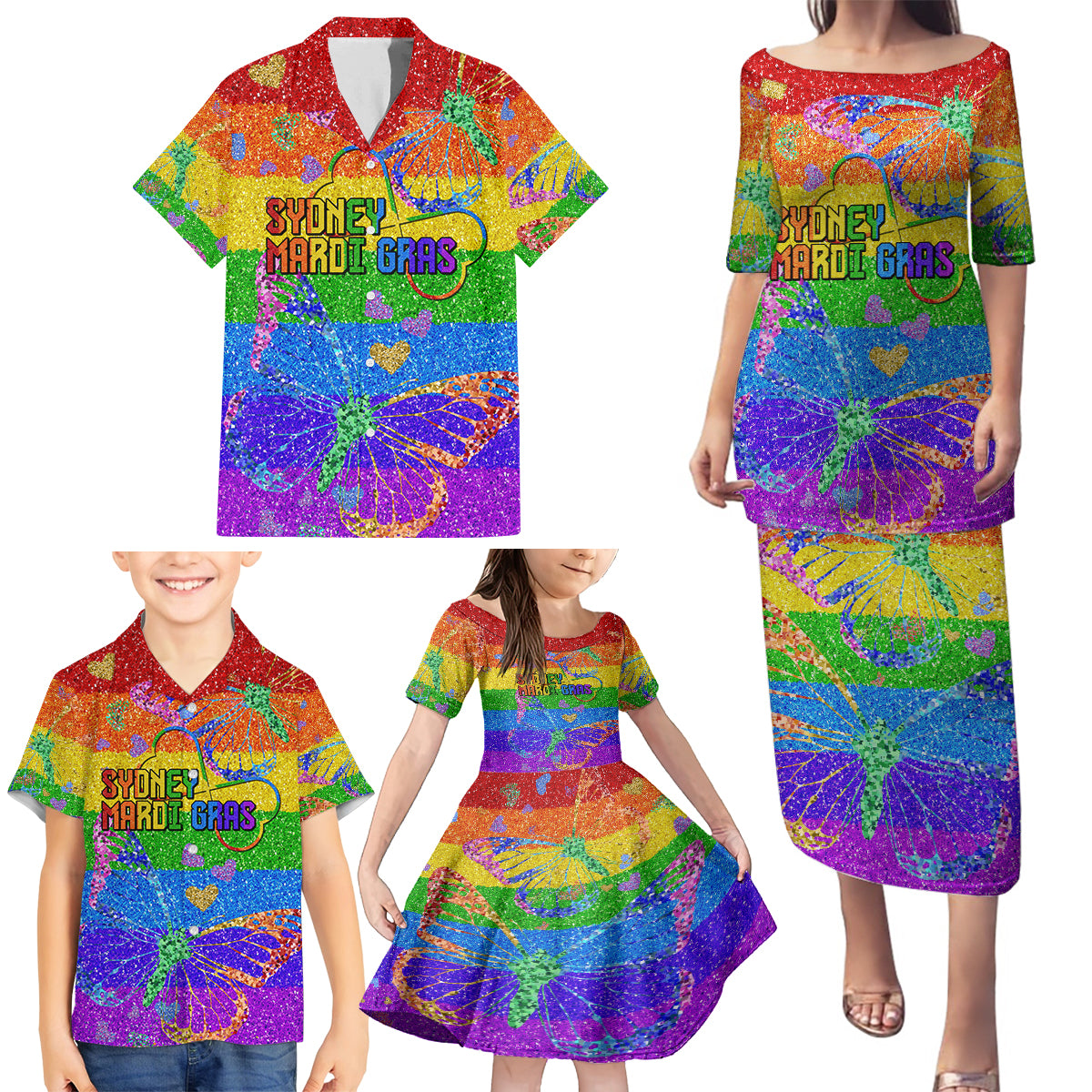 Sydney Mardi Gras Family Matching Puletasi and Hawaiian Shirt Pride Rainbow Glitter Colorful Style
