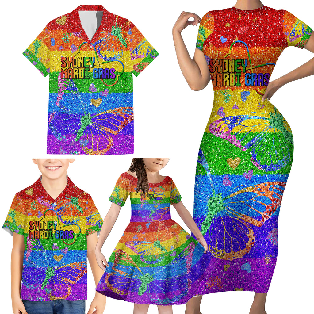 Sydney Mardi Gras Family Matching Short Sleeve Bodycon Dress and Hawaiian Shirt Pride Rainbow Glitter Colorful Style
