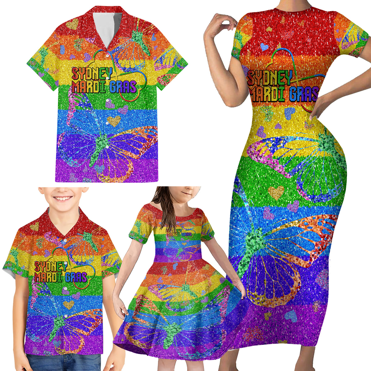 Sydney Mardi Gras Family Matching Short Sleeve Bodycon Dress and Hawaiian Shirt Pride Rainbow Glitter Colorful Style