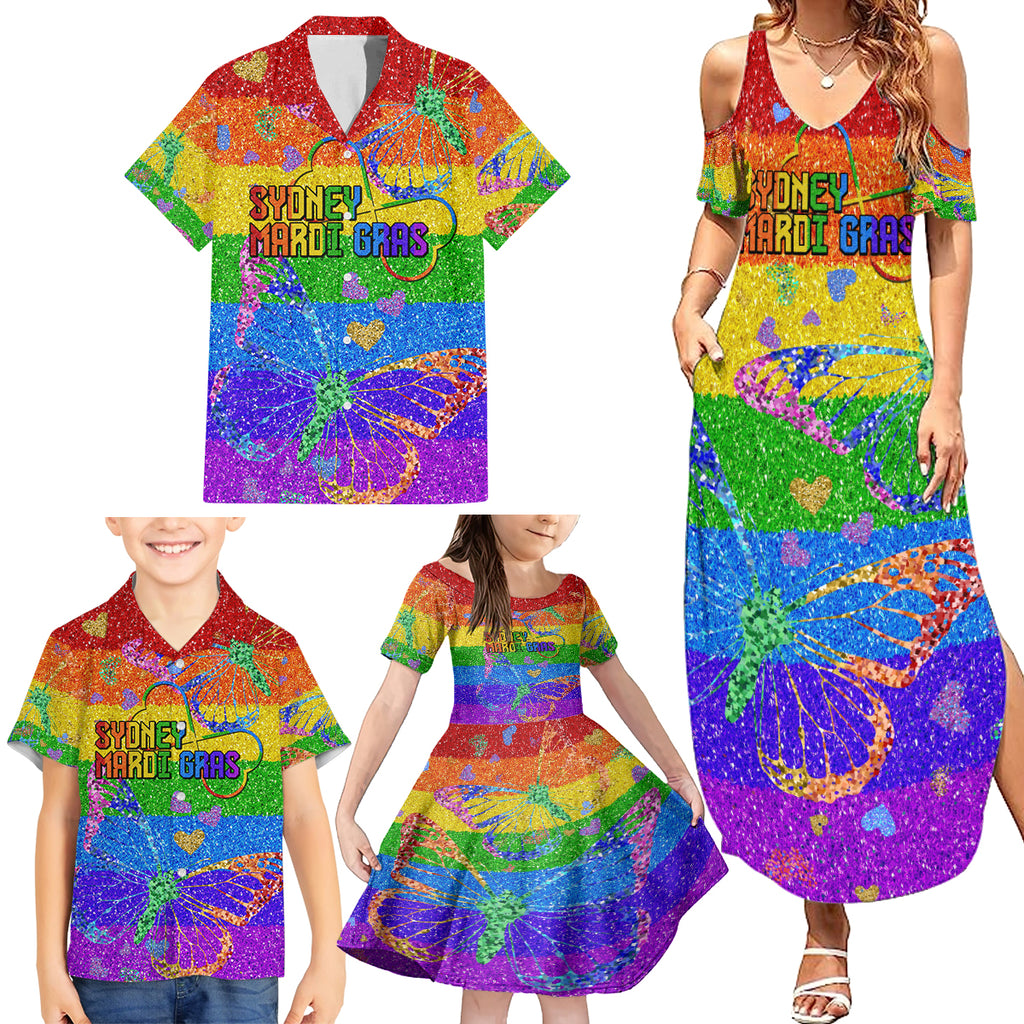 Sydney Mardi Gras Family Matching Summer Maxi Dress and Hawaiian Shirt Pride Rainbow Glitter Colorful Style
