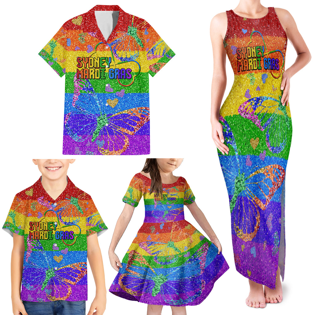Sydney Mardi Gras Family Matching Tank Maxi Dress and Hawaiian Shirt Pride Rainbow Glitter Colorful Style