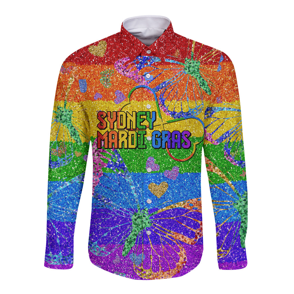 Sydney Mardi Gras Long Sleeve Button Shirt Pride Rainbow Glitter Colorful Style