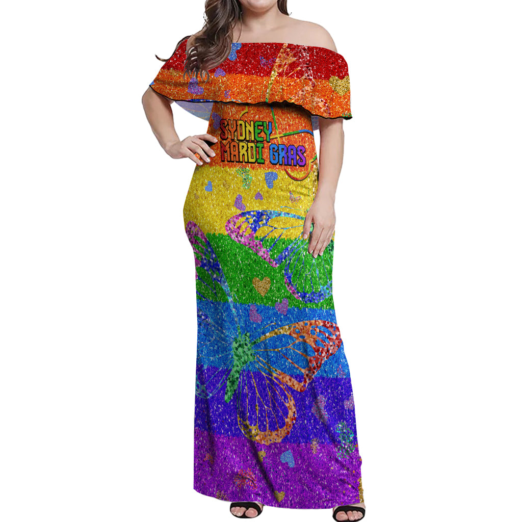 Sydney Mardi Gras Off Shoulder Maxi Dress Pride Rainbow Glitter Colorful Style