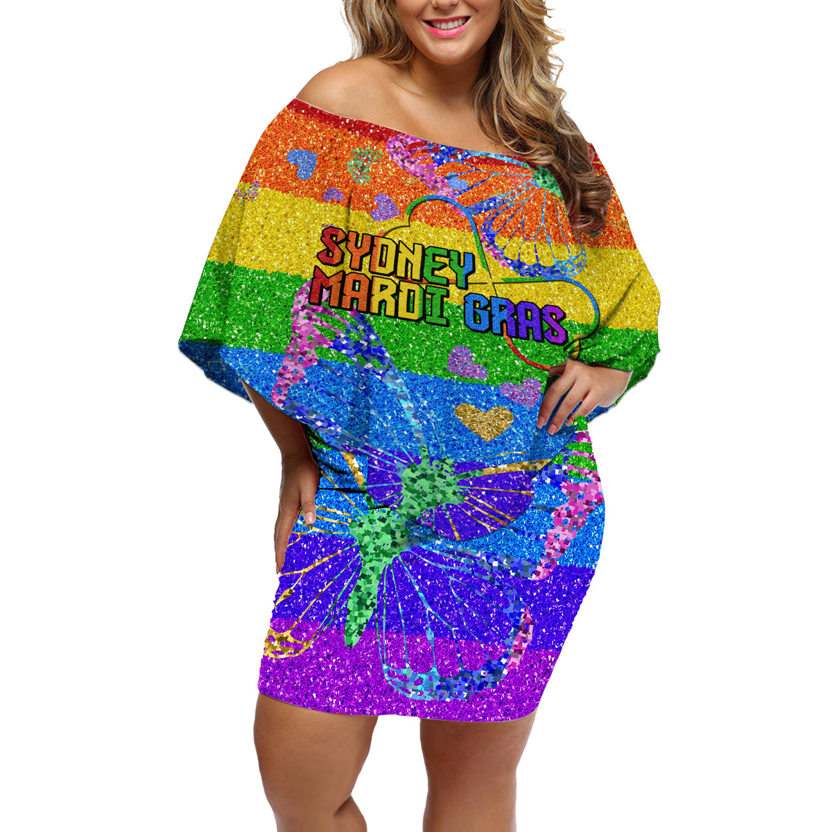Sydney Mardi Gras Off Shoulder Short Dress Pride Rainbow Glitter Colorful Style