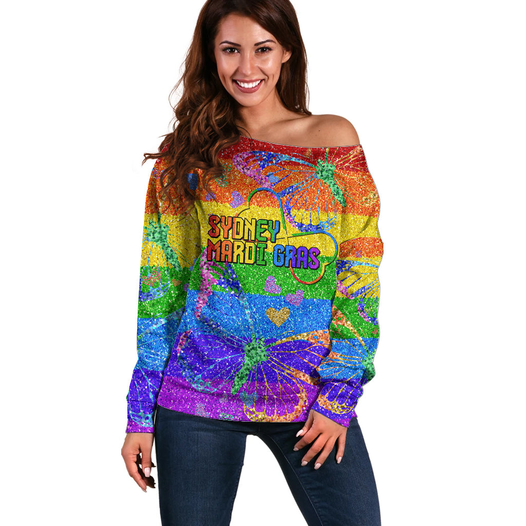 Sydney Mardi Gras Off Shoulder Sweater Pride Rainbow Glitter Colorful Style