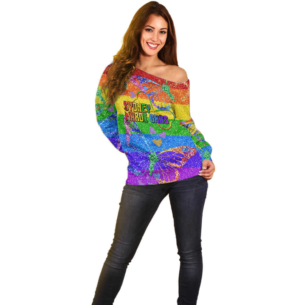 Sydney Mardi Gras Off Shoulder Sweater Pride Rainbow Glitter Colorful Style