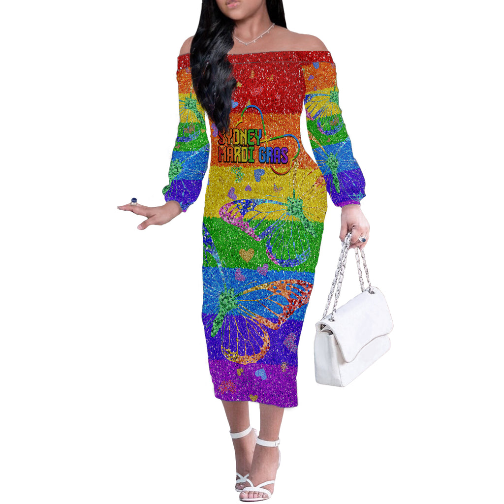Sydney Mardi Gras Off The Shoulder Long Sleeve Dress Pride Rainbow Glitter Colorful Style