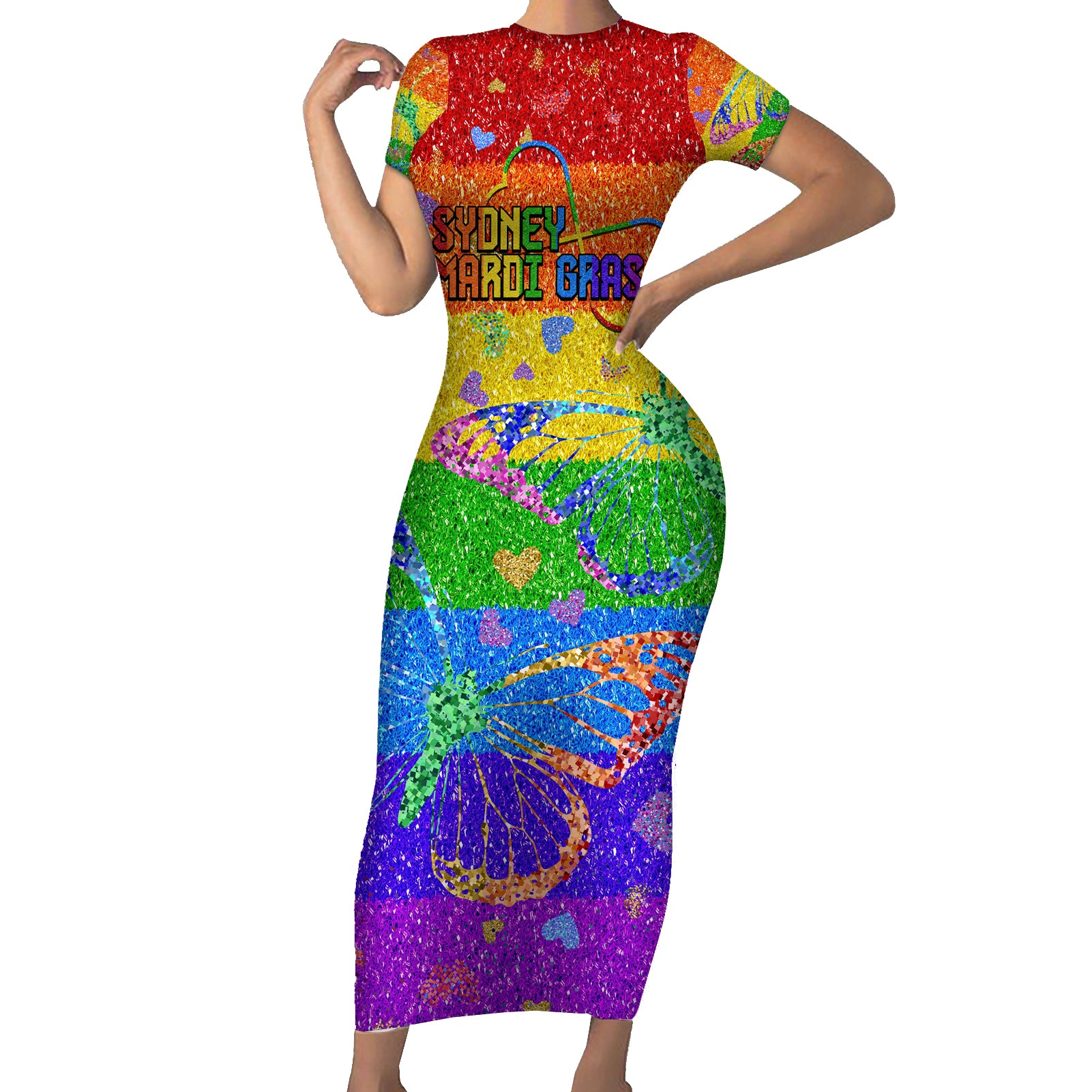 Sydney Mardi Gras Short Sleeve Bodycon Dress Pride Rainbow Glitter Colorful Style