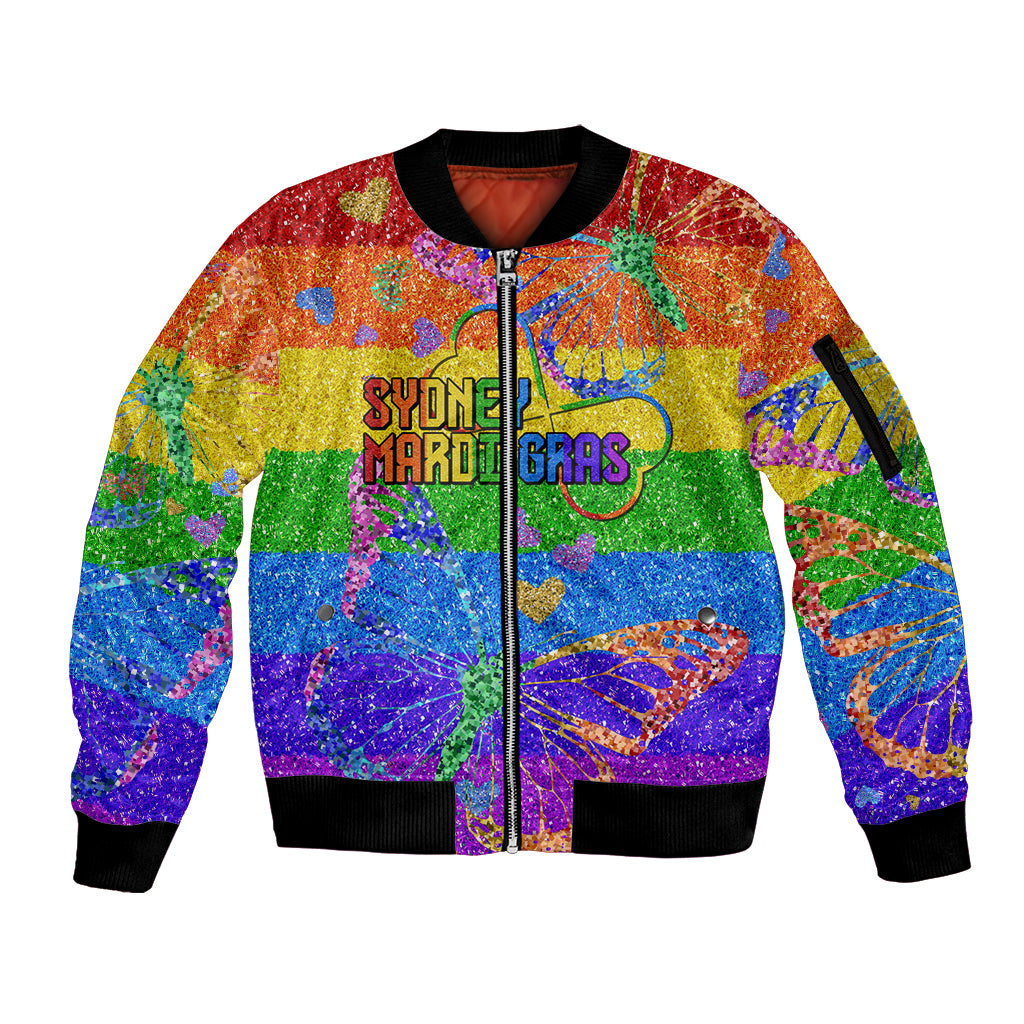 Sydney Mardi Gras Sleeve Zip Bomber Jacket Pride Rainbow Glitter Colorful Style